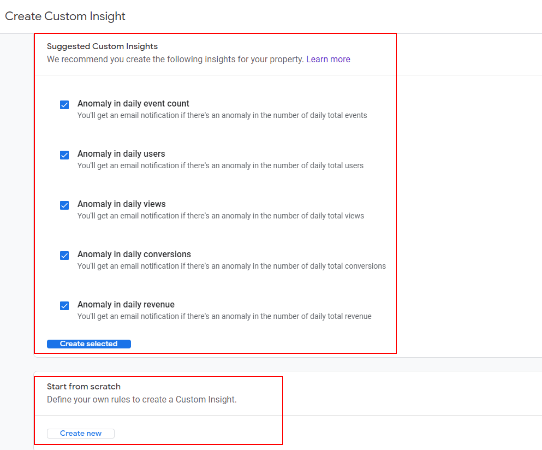 ‘Suggested custom insight’ or ‘Start from scratch’.