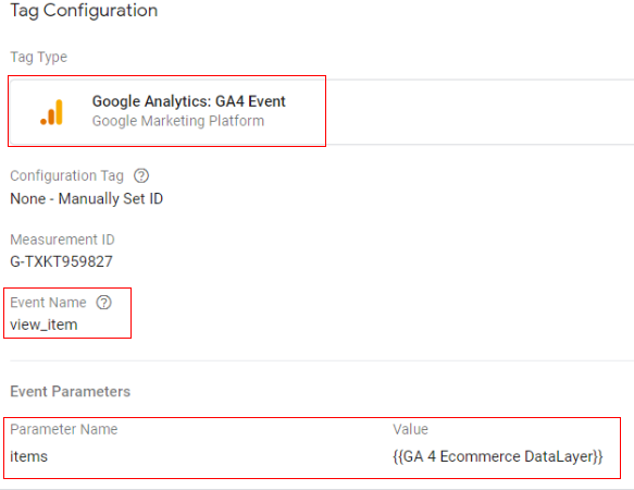 Google tag configuration< DataLayer<ecommerce.items’ 