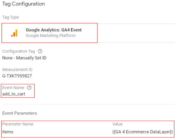 Google tag configuration:<{Ecommerce Items}}