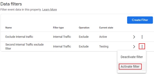 'Second Internal Traffic exclude filter’>Test filter