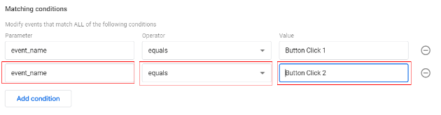 ‘Add Condition’,< ‘event_name’ as parameter,