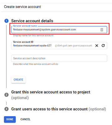  firebase-measurement@system.gserviceaccount.com as service account name: